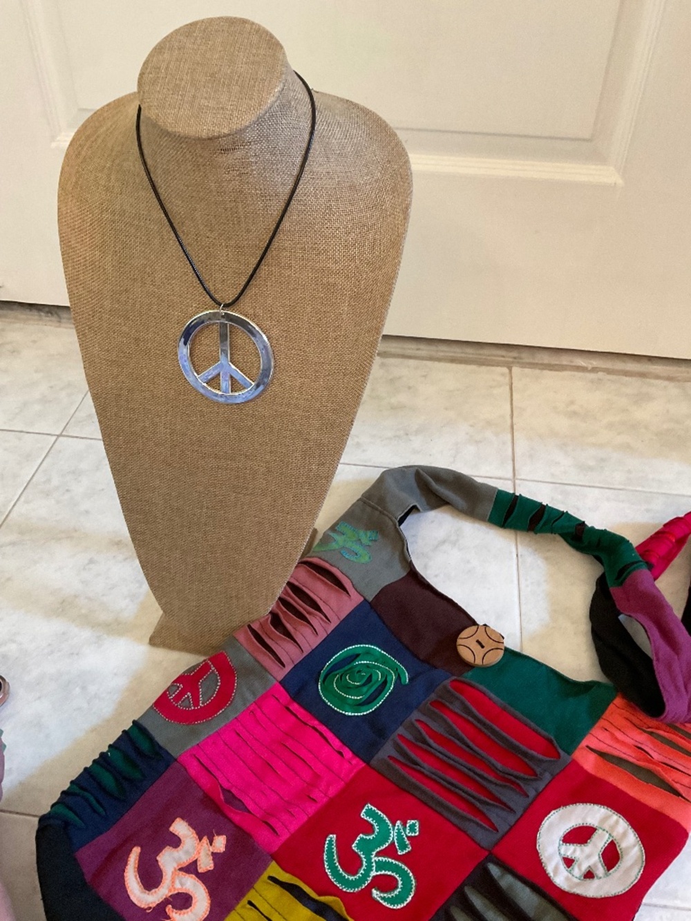 Tribe Azure Multicolor Crossbody Bohemian Bag w/Peace Logo Necklace